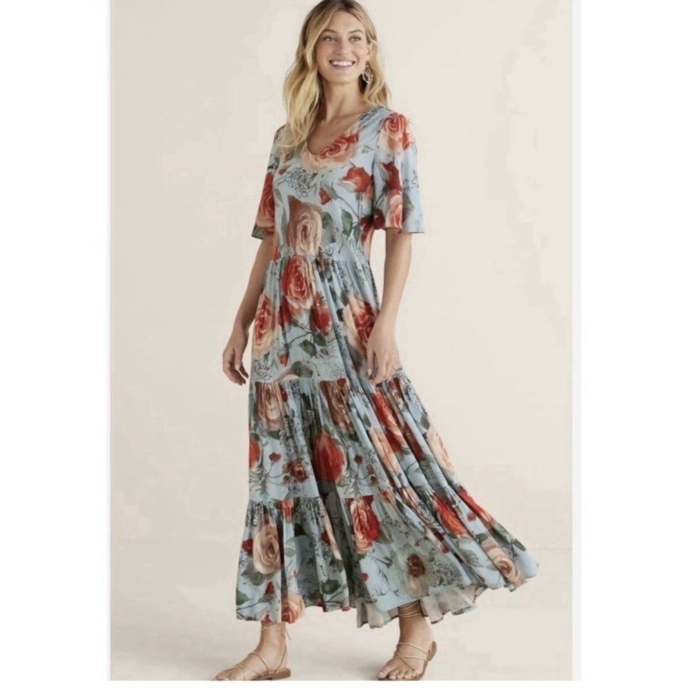 NWT Soft Surroundings First Blooms Maxi Dress M Blue Porcelain‎ Rose Floral Boho - Picture 2 of 10